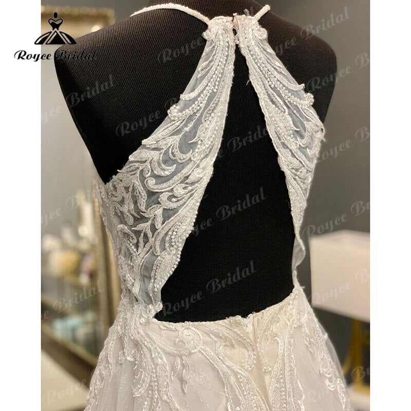 Roycebridal Robe de mariée vintage à bretelles spaghetti, col en V, ligne A, paillettes brillantes, dos nu, traîne, appliques en dentelle