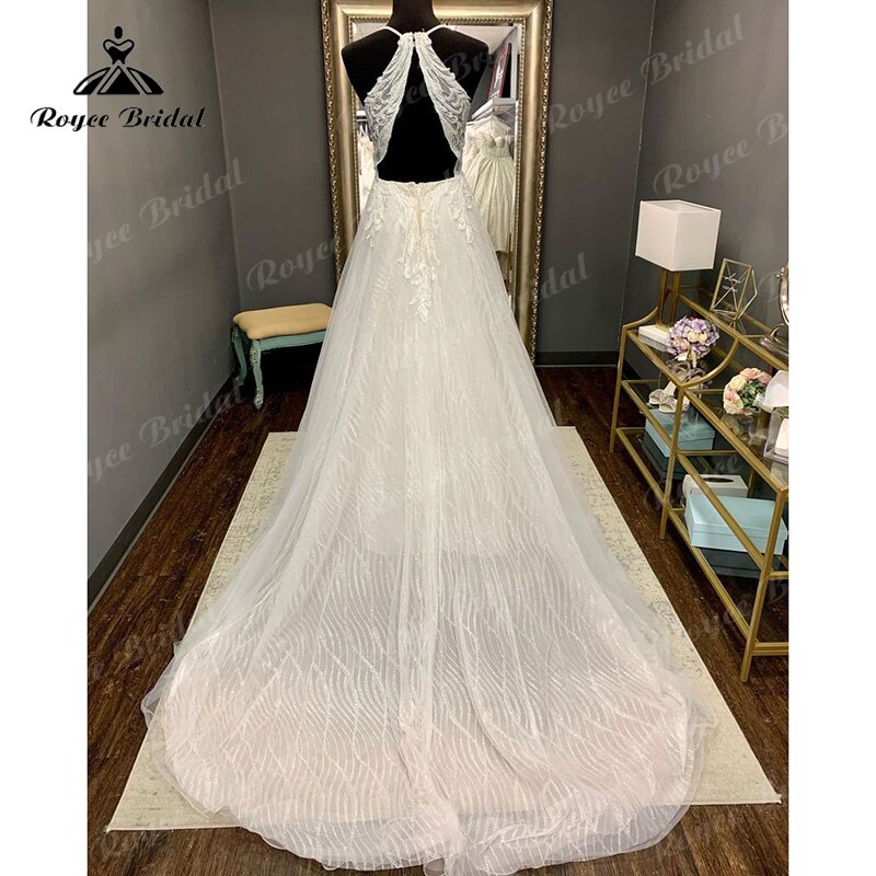 Roycebridal Robe de mariée vintage à bretelles spaghetti, col en V, ligne A, paillettes brillantes, dos nu, traîne, appliques en dentelle