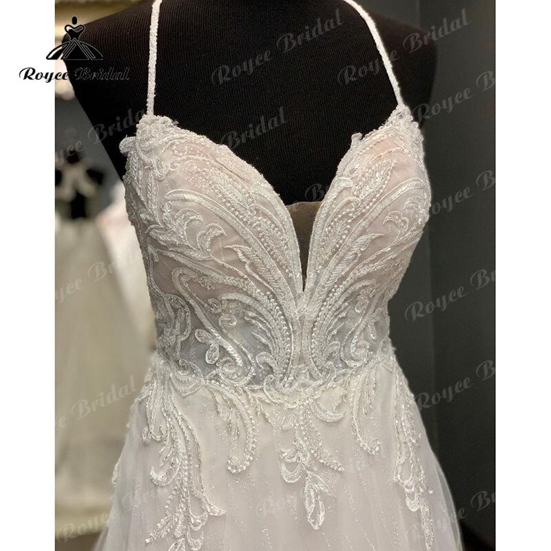 Roycebridal Robe de mariée vintage à bretelles spaghetti, col en V, ligne A, paillettes brillantes, dos nu, traîne, appliques en dentelle