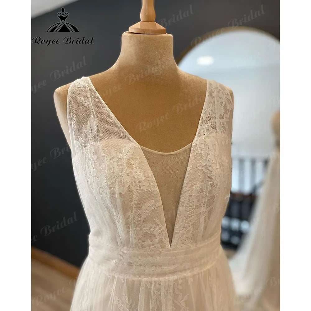 Vintage Beach Tank Lace Boho Sleeveless Wedding Gown for Women Bridal V Neck Wedding Dress vestido longo festa de casamento