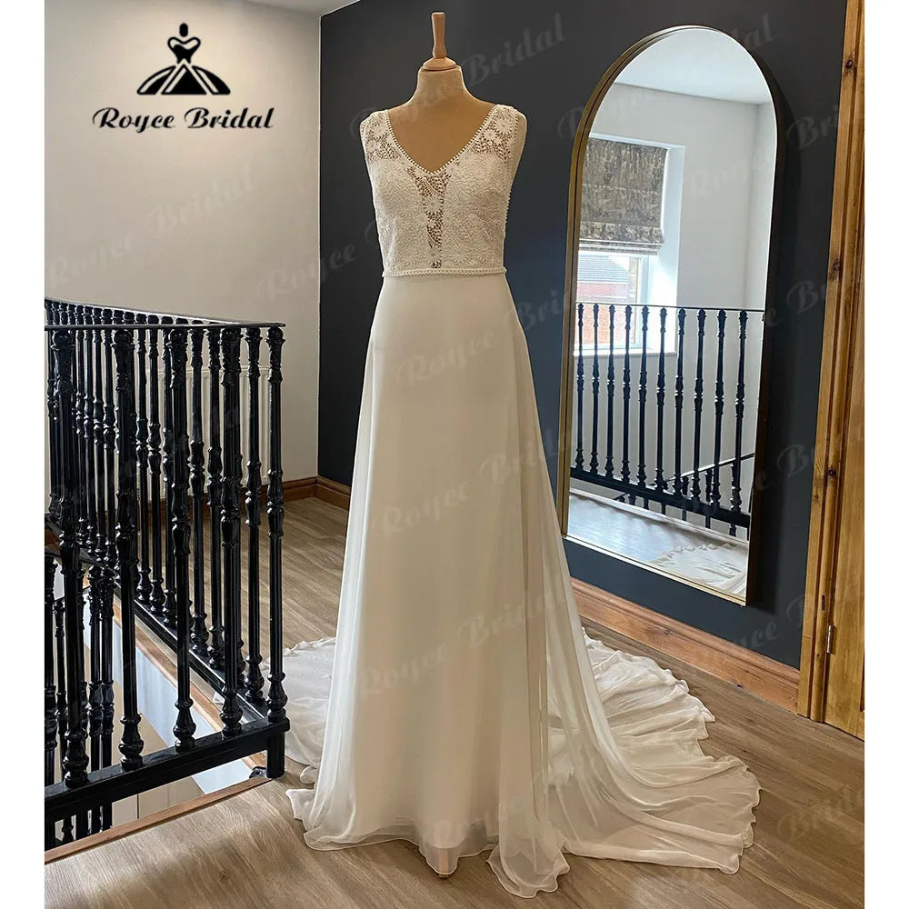 Robe de mariée bohème vintage en mousseline de soie, col en V, corsage en dentelle, robe de mariée simple, traîne