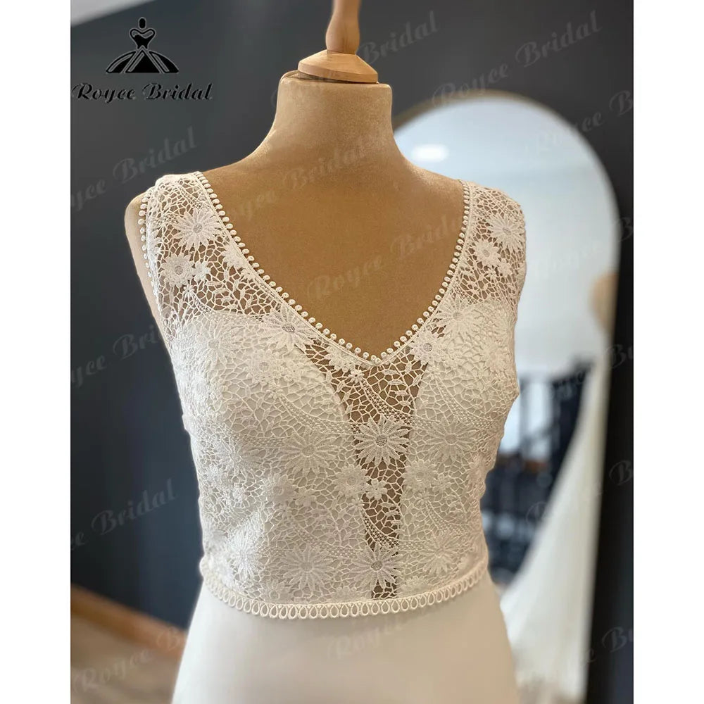 Robe de mariée bohème vintage en mousseline de soie, col en V, corsage en dentelle, robe de mariée simple, traîne