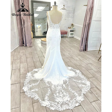 Vintage Boho Lace Appliques Mermaid Backless Wedding Dress for Women  Bridal Gown Custom Made vestido de boda corte sirena