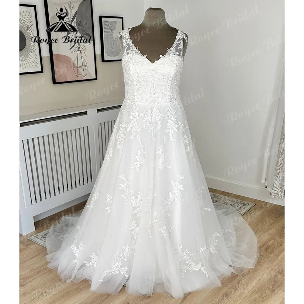 Roycebridal Vintage Lace Appliques Illusion Back V Neckline Wedding Dress for Women Bridal Wedding Gown vistidos de festa de casamento
