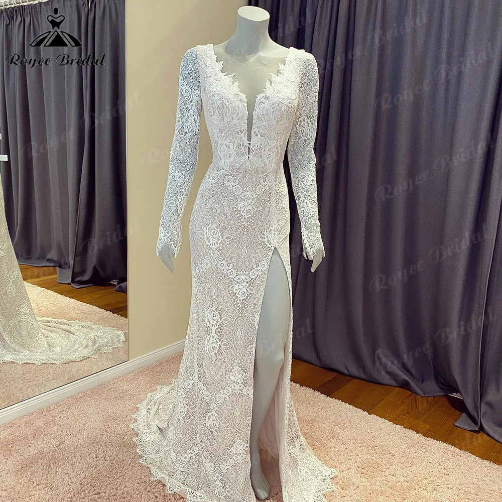 Roycebridal Vintage Lace Long Sleeve Split Side Women Mermaid Wedding Dress with V Neck Chic Bridal Gown Robe de mariee Roycebridal
