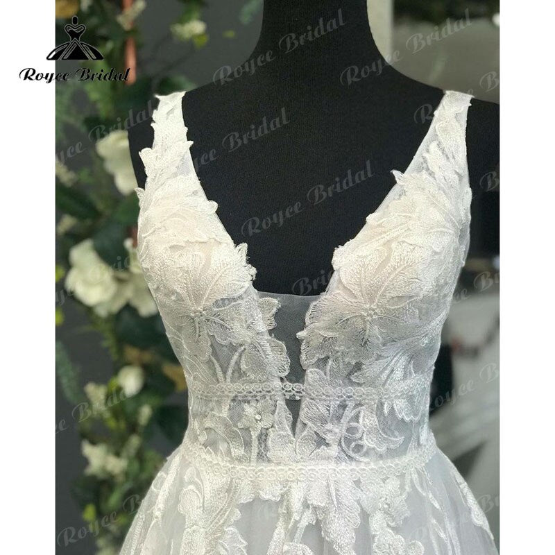 Roycebridal BRIDE,BRIDE EXPLORE All Wedding Dresses,BRIDE EXPLORE Custom Wedding Dresses 👗,BRIDE EXPLORE Plus SizeVintage Robe Civil Tank Sleeveless Wedding Dress Open Back V Neck Lace Appliques Sweep Train Wedding Gowns Abito Da Sposa 2022
