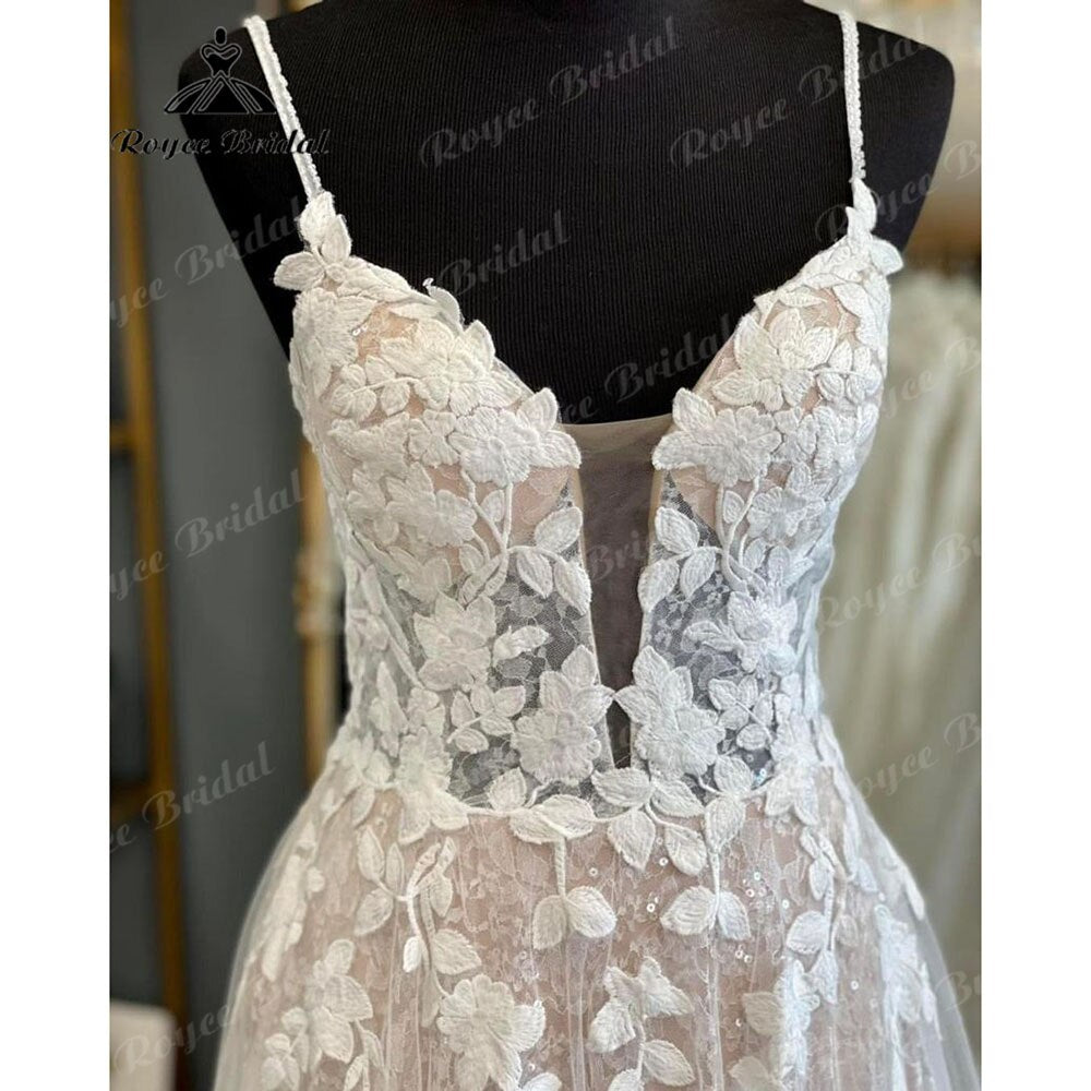 Roycebridal Vintage Spaghetti Straps Blush Pink Lace Appliques A Line Boho Wedding Dress V Neck Backless 2025 Bridal Gowns Vestido De Novia