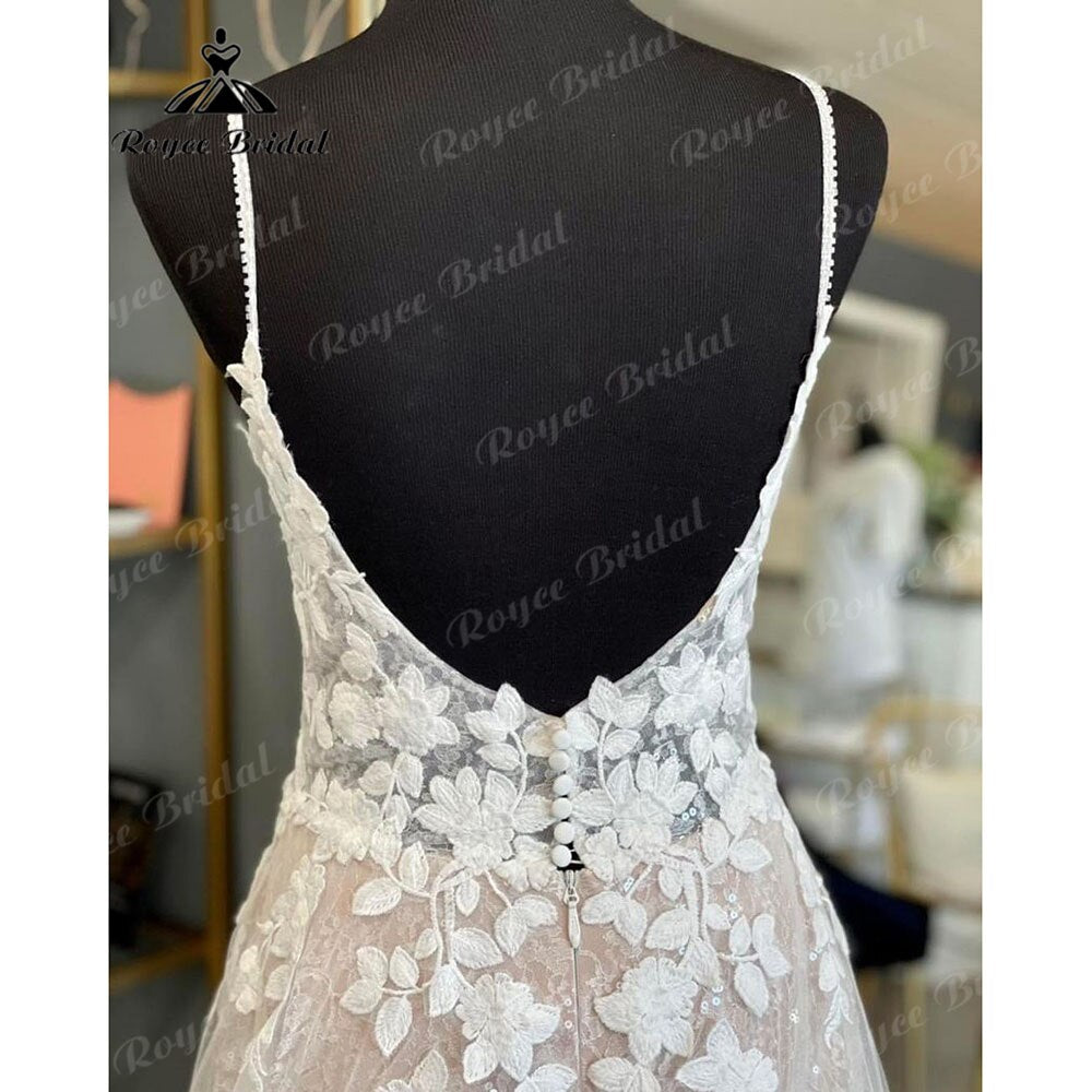 Roycebridal Vintage Spaghetti Straps Blush Pink Lace Appliques A Line Boho Wedding Dress V Neck Backless 2025 Bridal Gowns Vestido De Novia