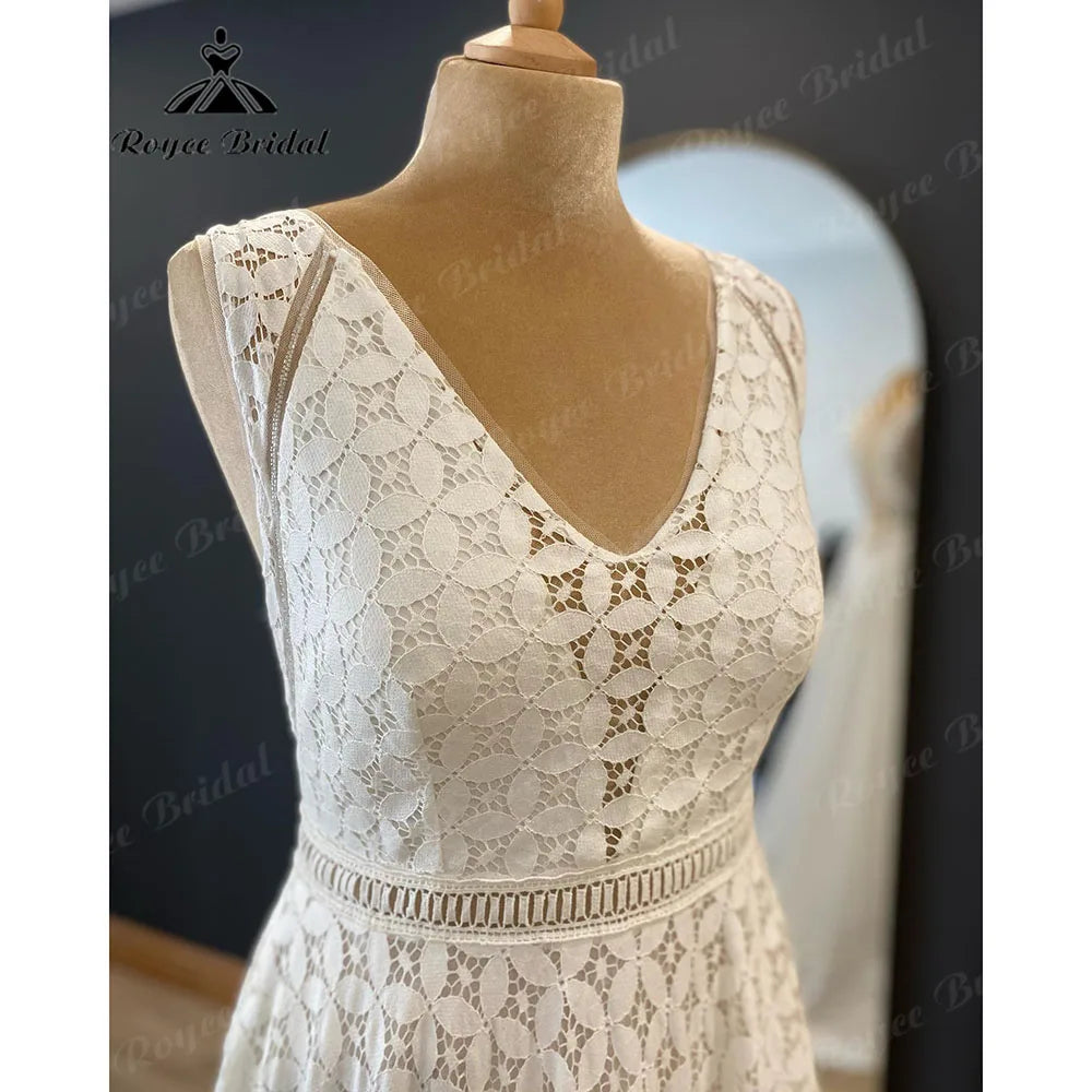 Robe de mariée vintage en dentelle sans manches à décolleté en V pour femme, robe de mariée sur mesure, robe de mariée sur mesure Roycebridal