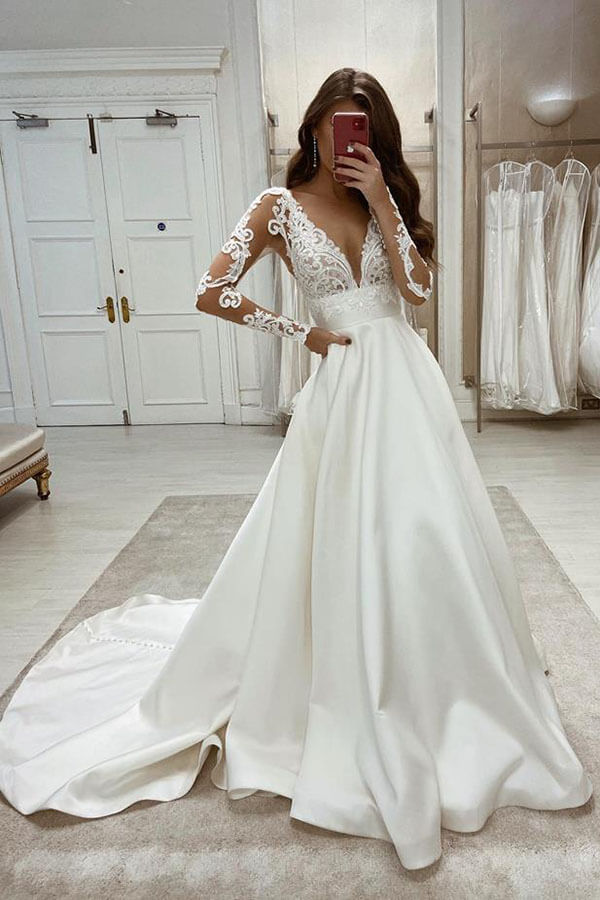 Vintage Satin Lace Ball Gown Deep V Neck Wedding Dresses, Bridal Gown, MW593 | wedding dresses | lace wedding dress | bridal gowns | www.musebridals.com
