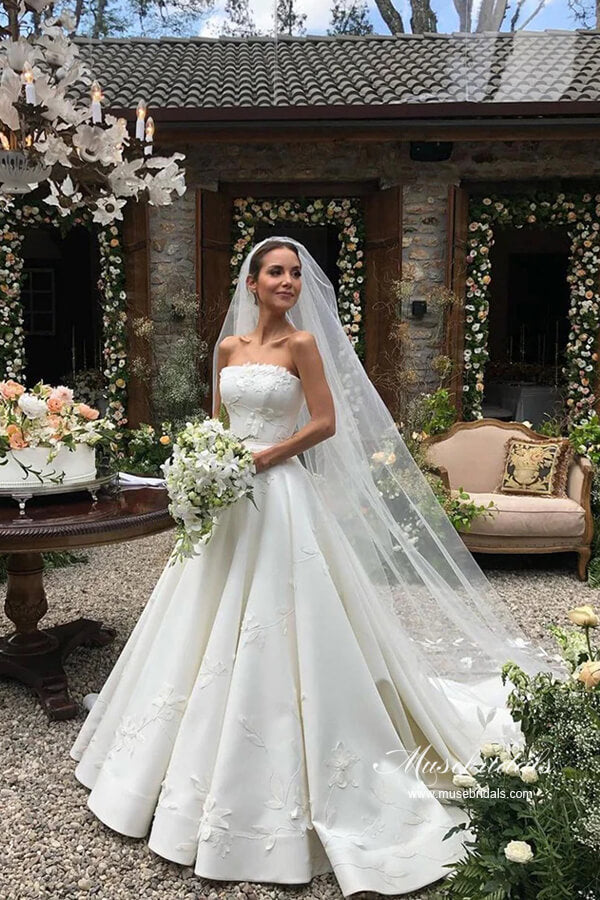 Vintage Satin Strapless Ball Gown Wedding Dresses With Floral Lace, MW991 | ball gown wedding dress | affordable wedding dress | lace wedding gown | musebridals.com