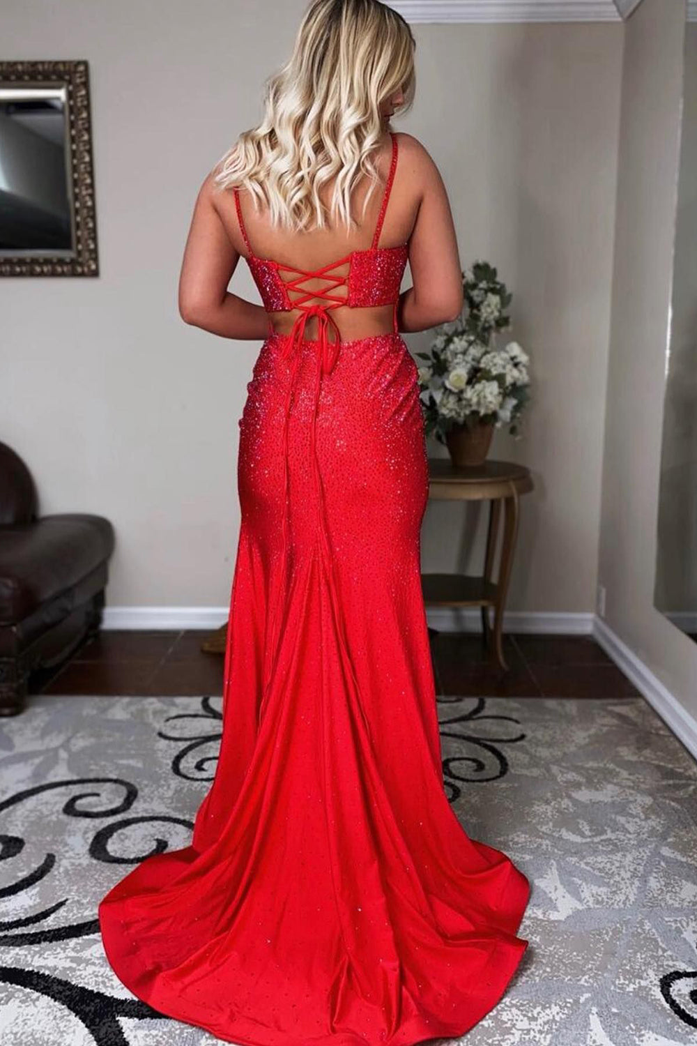 Roycebridal Emelia | Robe de bal sirène en satin perlé avec bretelles spaghetti et fente