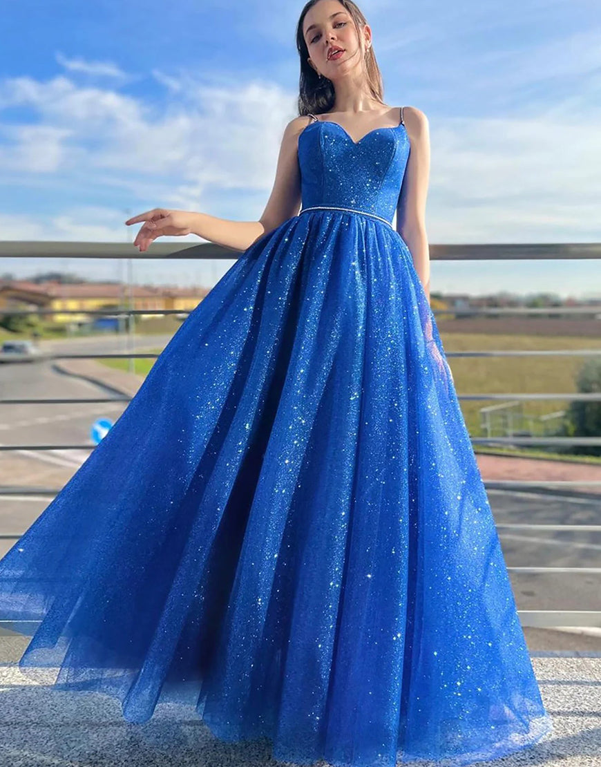 Roycebridal Tracy | Royal Blue Sparkly A Line Spaghetti Straps Long Prom Dress