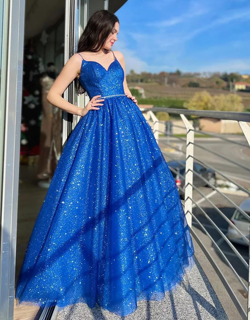 Roycebridal Tracy | Robe de bal longue bleu roi scintillante à bretelles spaghetti et coupe trapèze