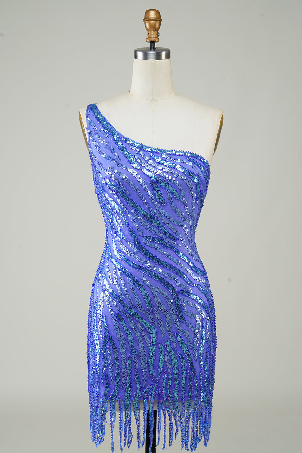 Etuikleid mit One-Shoulder-Träger, blauen Pailletten, kurzes Homecoming-Kleid mit Quaste