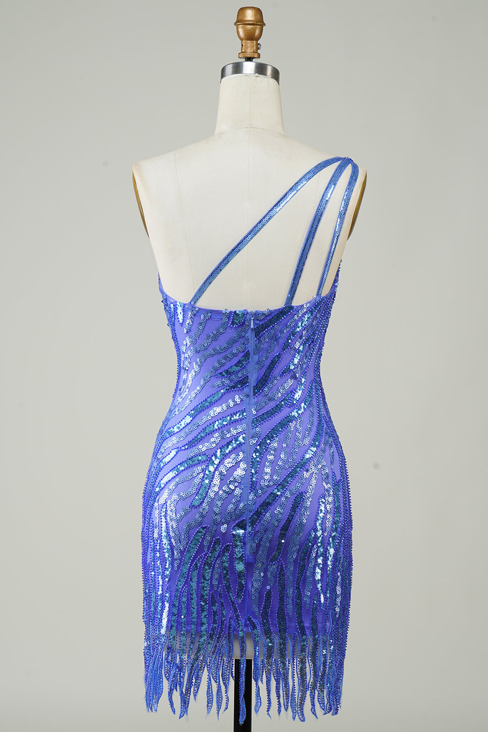Etuikleid mit One-Shoulder-Träger, blauen Pailletten, kurzes Homecoming-Kleid mit Quaste