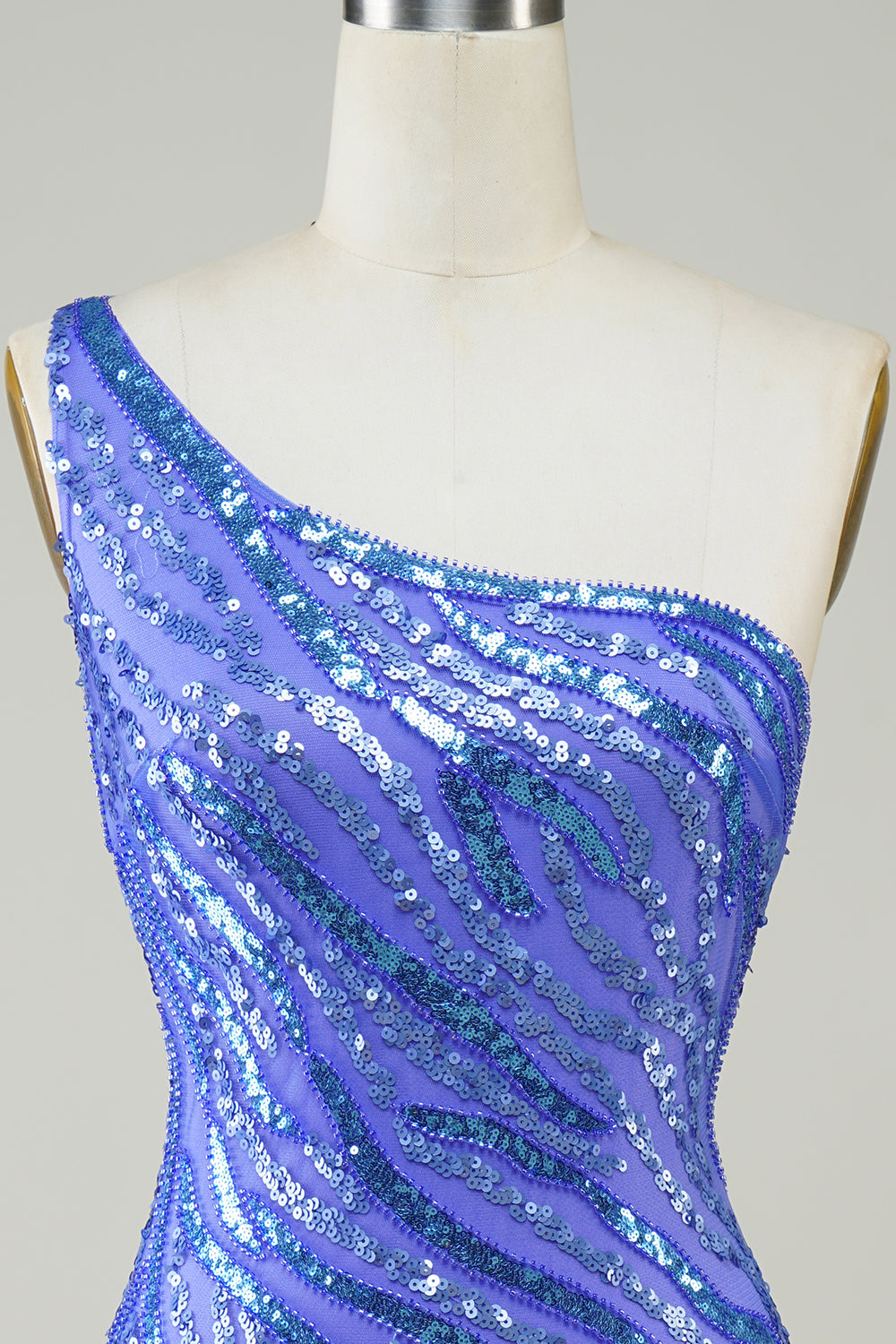 Etuikleid mit One-Shoulder-Träger, blauen Pailletten, kurzes Homecoming-Kleid mit Quaste