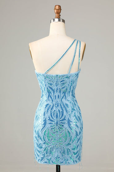 Blaues, kurzes One-Shoulder-Heimkehrkleid mit Pailletten