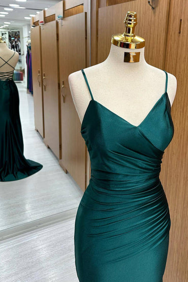 Robe de bal longue sirène en satin vert foncé Roycebridal