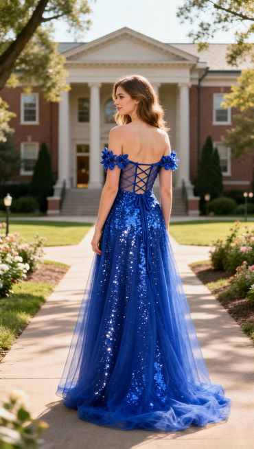 Robe de bal trapèze bleue plissée avec découpe en satin