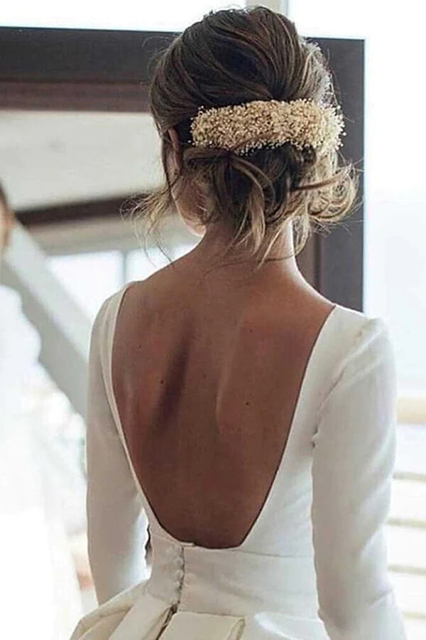 White Ball Gown Long Sleeves Backless Wedding Dresses With Pocket, MW968 | vintage wedding dress | cheap wedding dresses online | wedding dress stores | musebridals.com