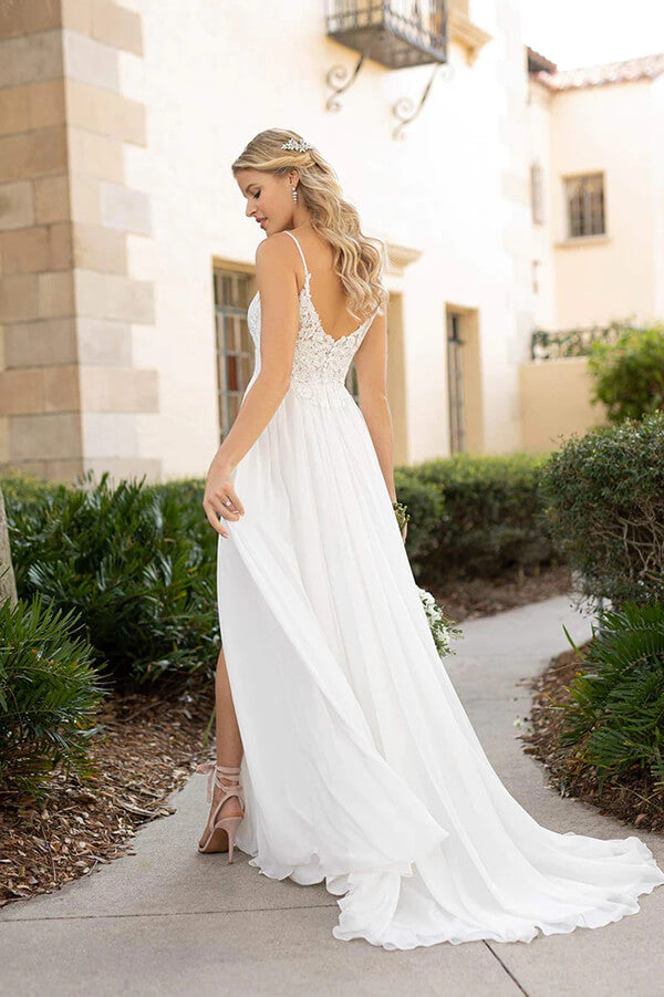 White Chiffon Lace A-line Spaghetti Straps Flowy Beach Wedding Dresses, MW756 | lace wedding dresses | wedding dresses online | beach wedding gown | musebridals.com