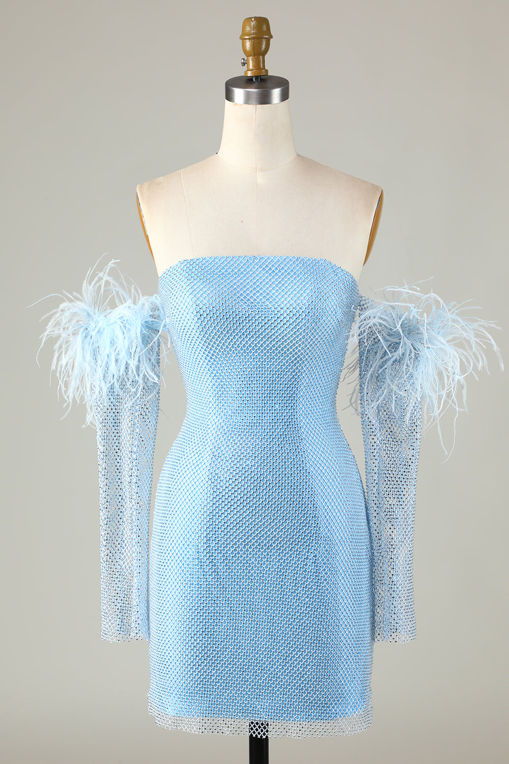 Robe de soirée courte bleue moulante à perles et manches amovibles
