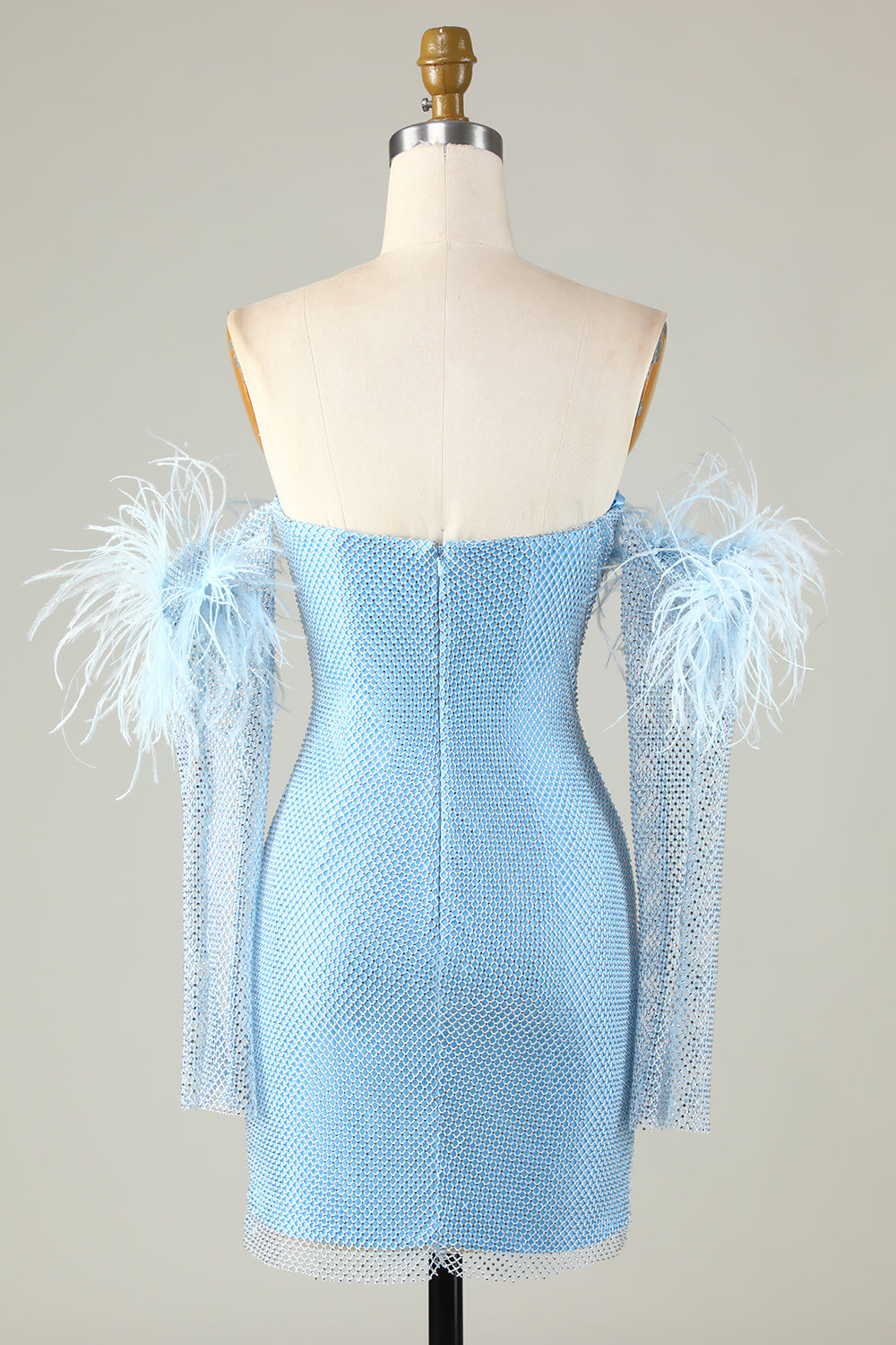 Robe de soirée courte bleue moulante à perles et manches amovibles