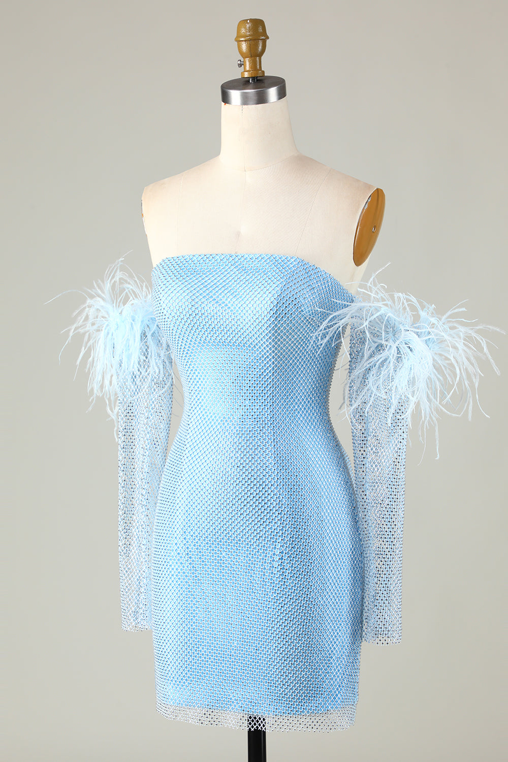 Robe de soirée courte bleue moulante à perles et manches amovibles
