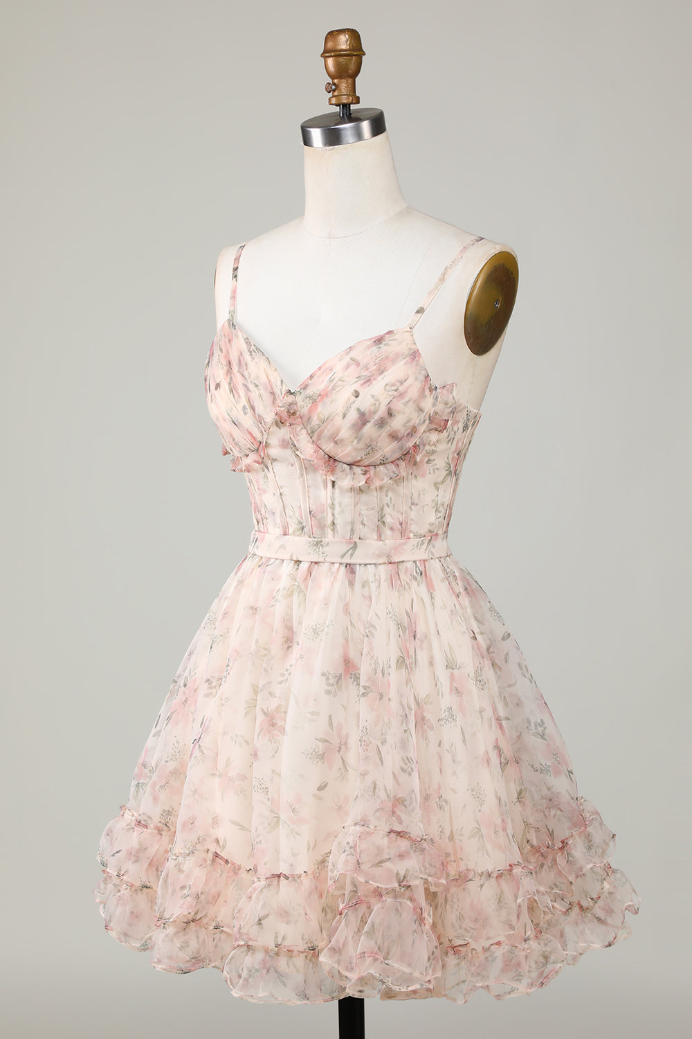 Champagnerfarbenes kurzes A-Linien-Homecoming-Kleid mit Korsett und Blumenmuster und Schnürung am Rücken