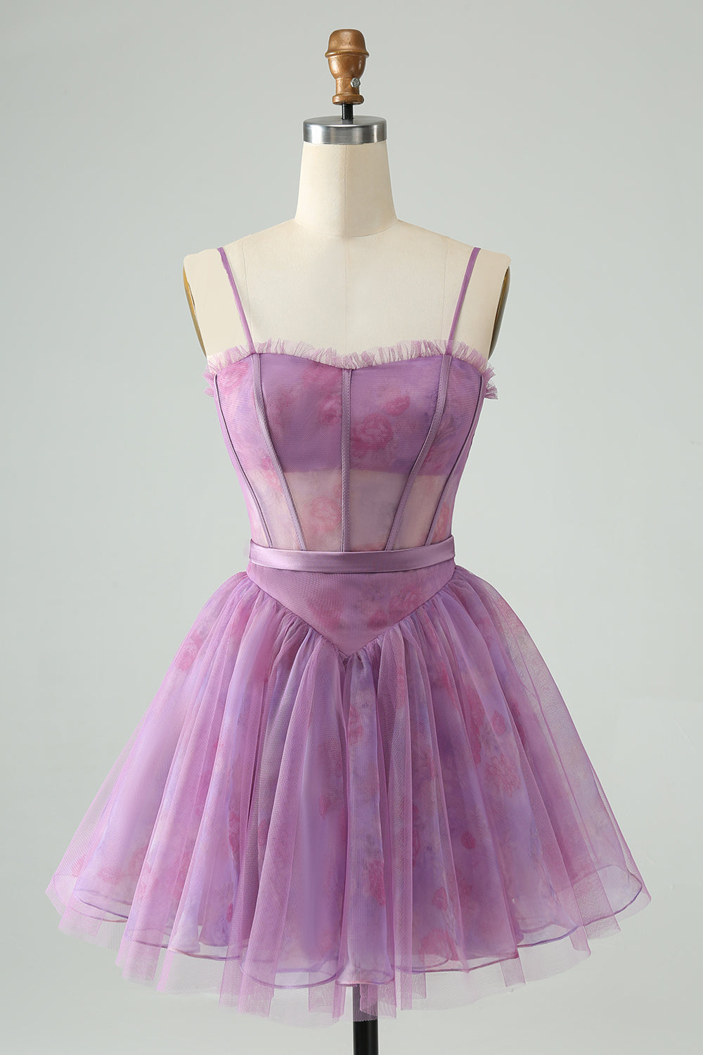 Süßes lila A-Linie Spaghettiträger Print Korsett Kurzes Homecoming Kleid