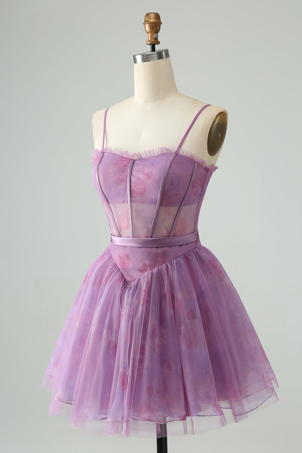Süßes lila A-Linie Spaghettiträger Print Korsett Kurzes Homecoming Kleid