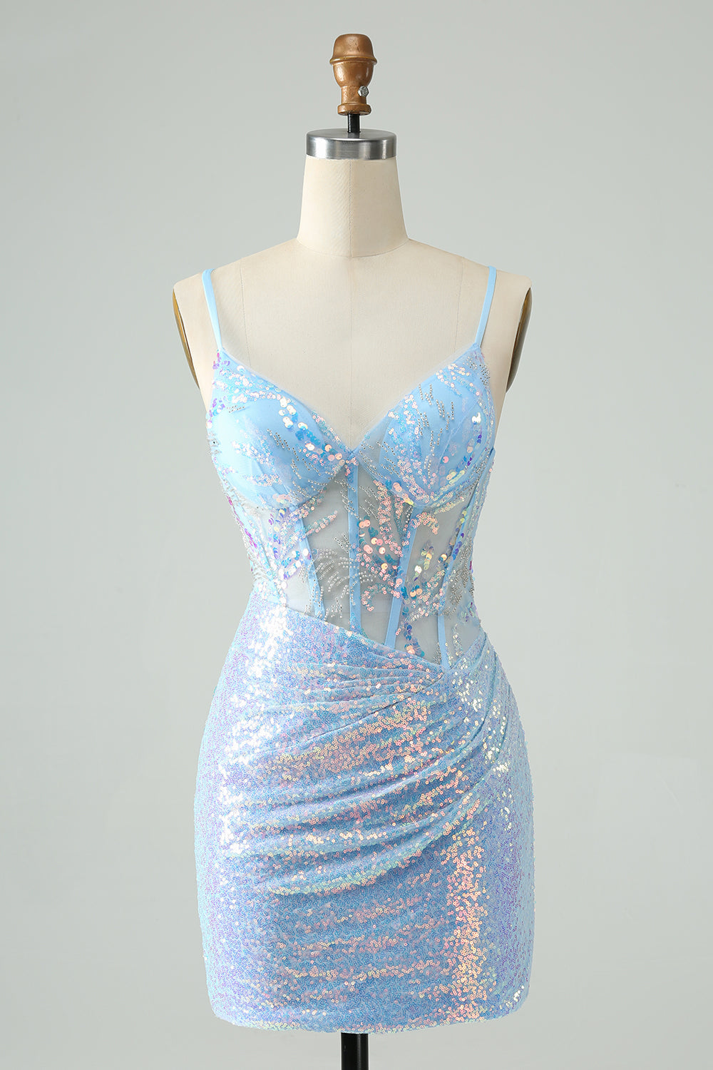 Glitter Lilac Tight Spaghetti Straps Corset Short Homecoming Dress with Sequins