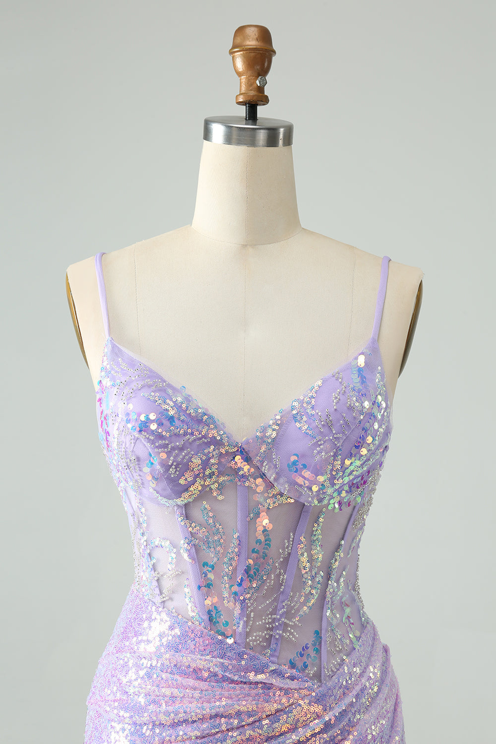 Glitter Lilac Tight Spaghetti Straps Corset Short Homecoming Dress with Sequins
