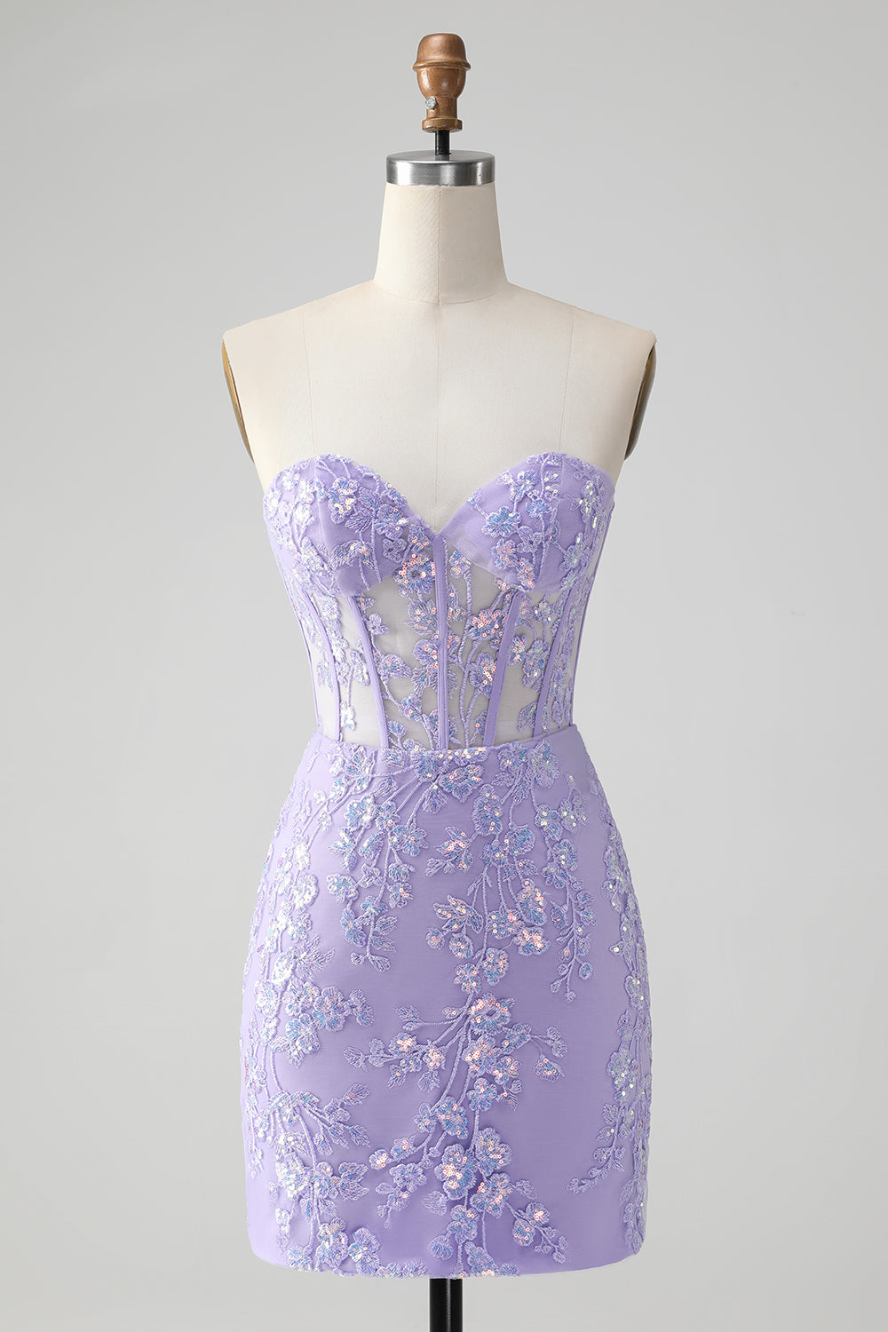Edles lilafarbenes, figurbetontes, herzförmiges, kurzes Homecoming-Kleid im Korsett-Stil mit Pailletten