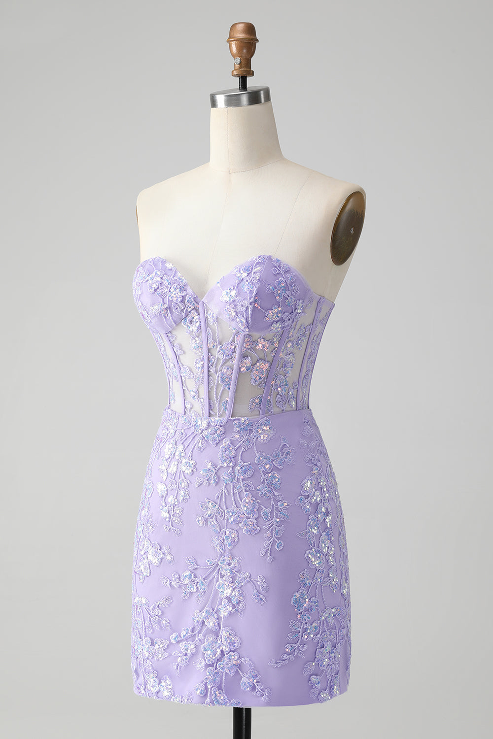 Edles lilafarbenes, figurbetontes, herzförmiges, kurzes Homecoming-Kleid im Korsett-Stil mit Pailletten
