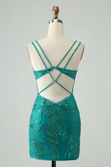 Robe de soirée courte moulante à bretelles spaghetti et sequins, vert foncé