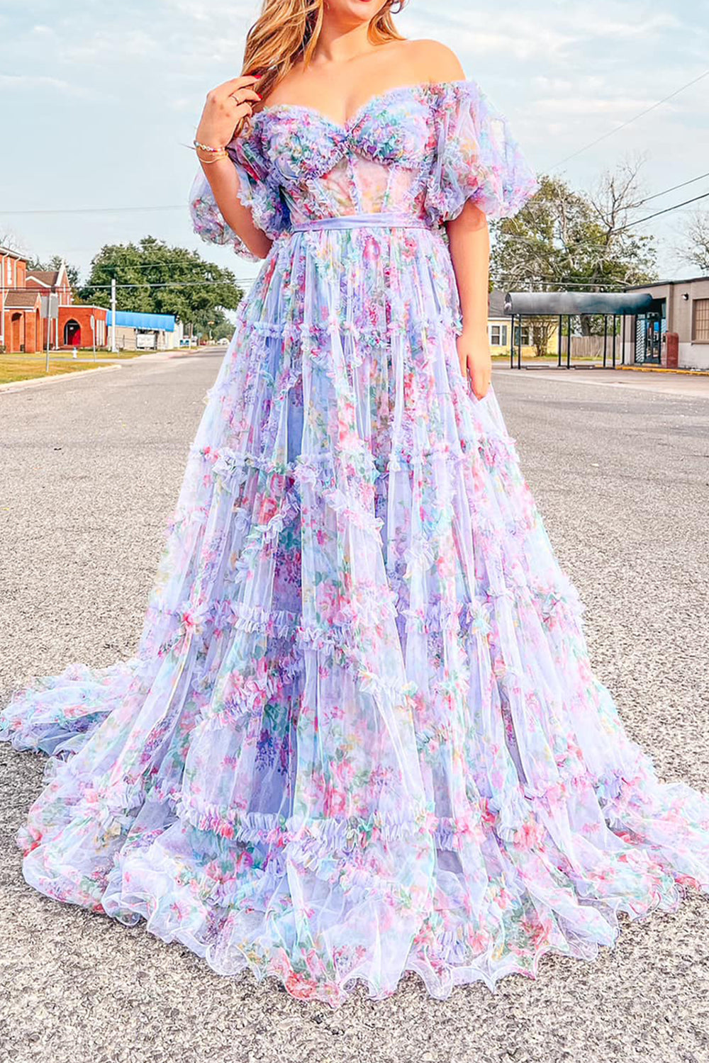 Roycebridal Sydney |A Line Off The Shoulder Floral Tulle Prom Dress