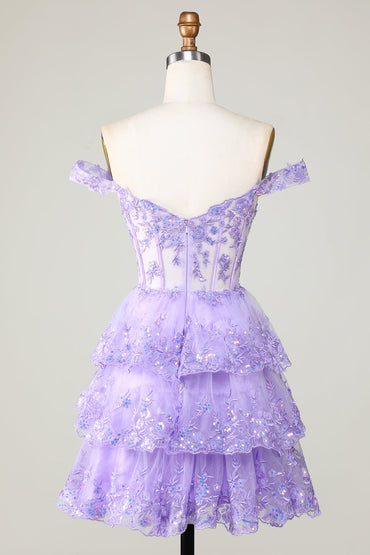 Robe de soirée courte violette à volants et corset princesse avec dentelle