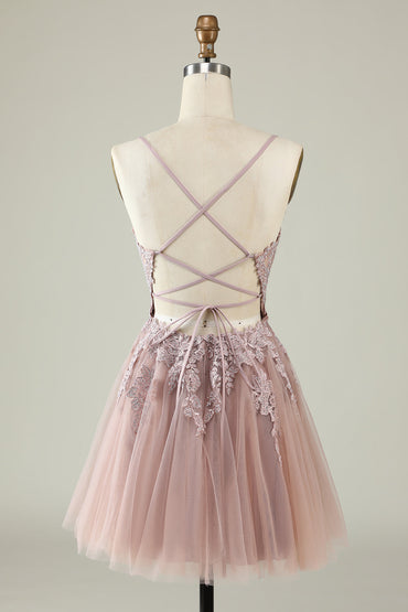 Kurzes Homecoming-Kleid in A-Linie mit Spaghettiträgern und Applikationen in Rosa