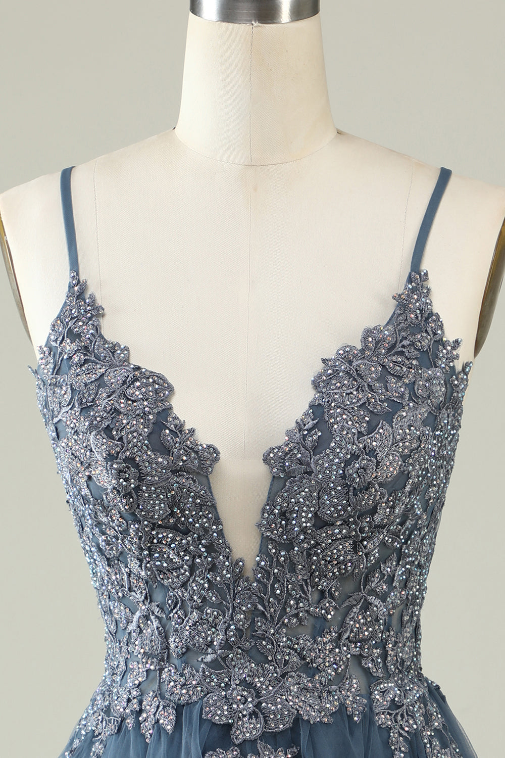 A-Linie Spaghettiträger Grau Blau Kurzes Homecoming-Kleid mit Applikationen