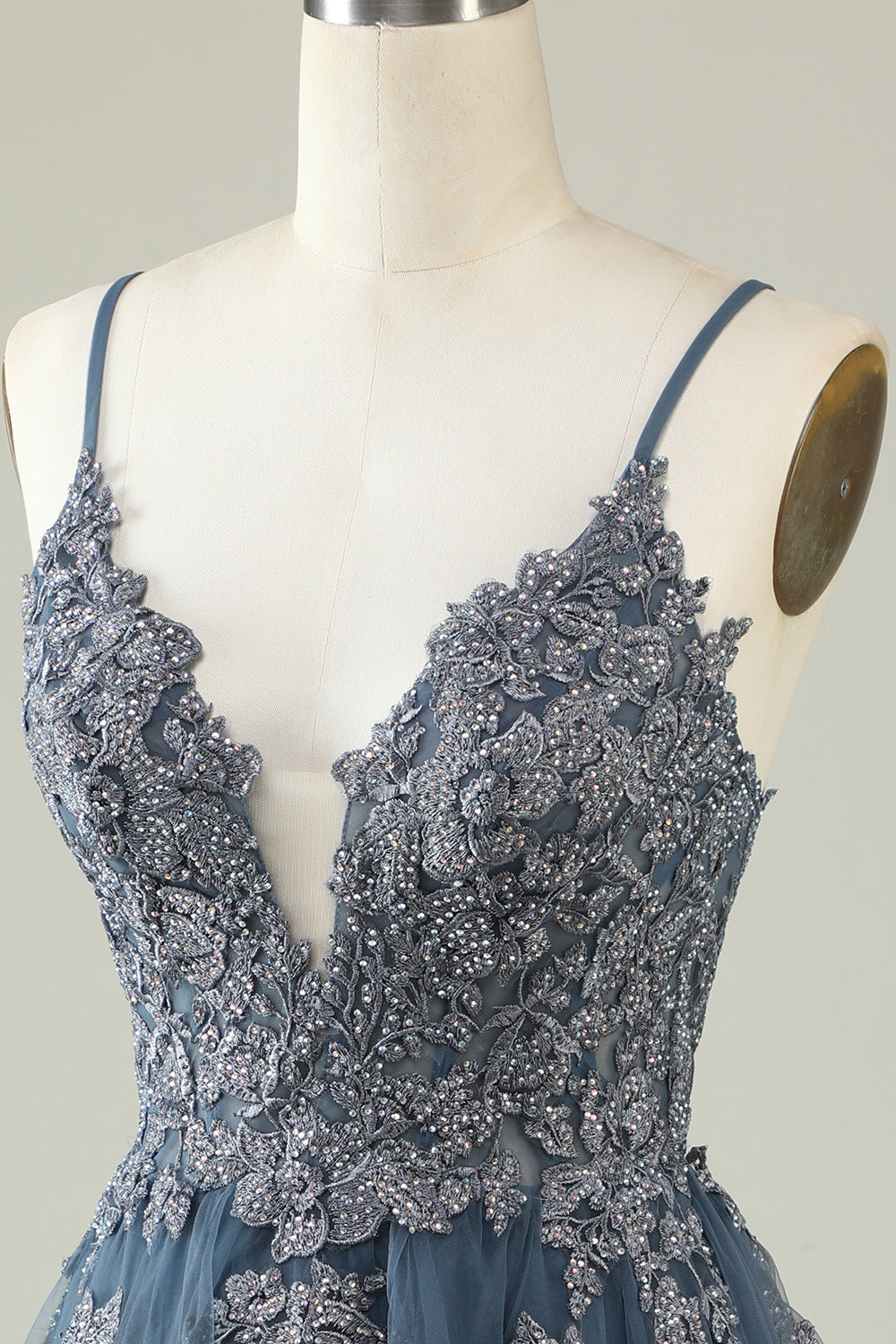 A-Linie Spaghettiträger Grau Blau Kurzes Homecoming-Kleid mit Applikationen