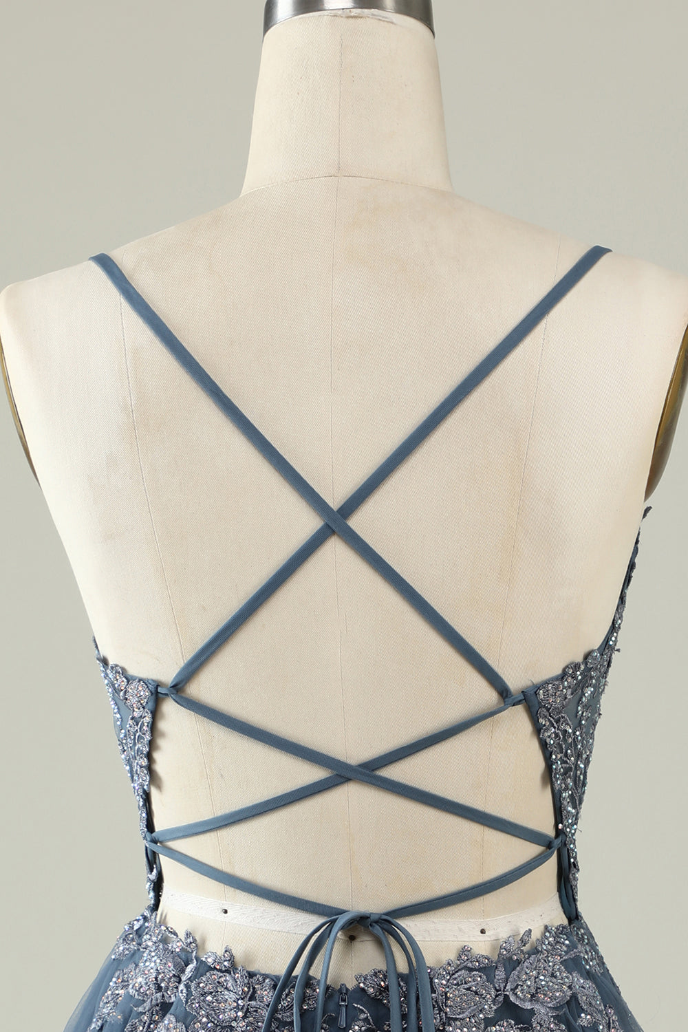 A-Linie Spaghettiträger Grau Blau Kurzes Homecoming-Kleid mit Applikationen