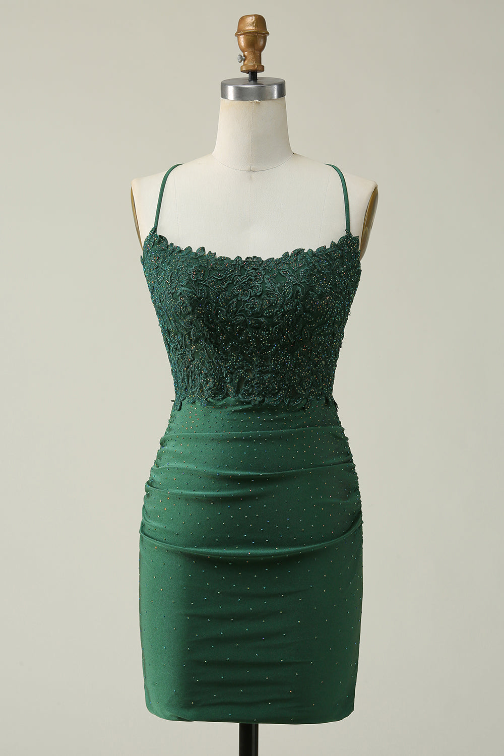 Dark Green Sheath Spaghetti Straps Short Homecoming Dress with Appliques