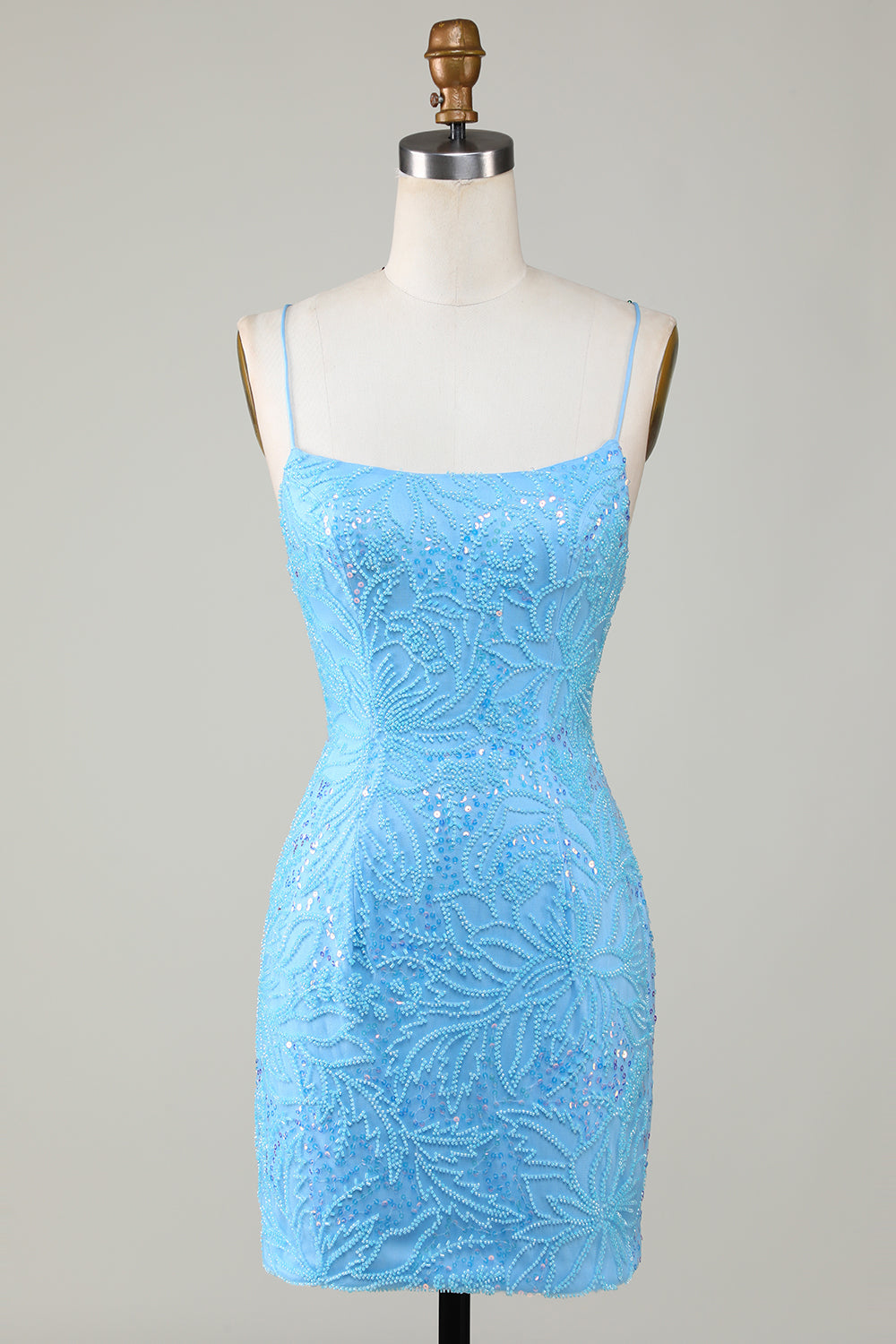 Glitzerndes blaues Spaghettiträger-Kurzes, enges Homecoming-Kleid mit Perlen