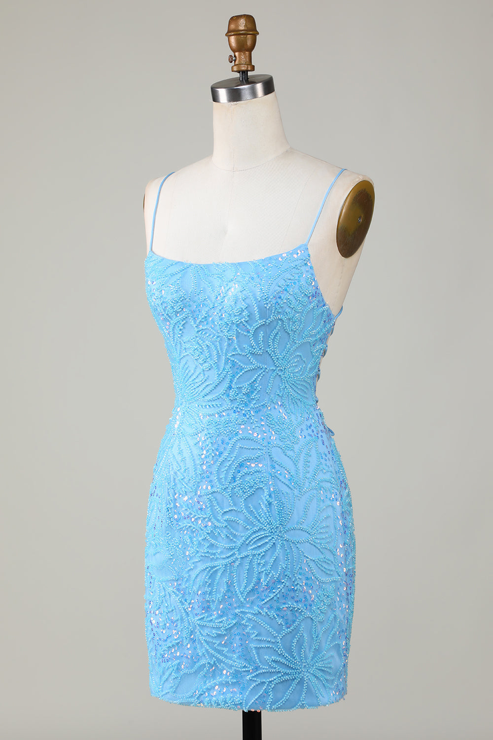 Glitzerndes blaues Spaghettiträger-Kurzes, enges Homecoming-Kleid mit Perlen
