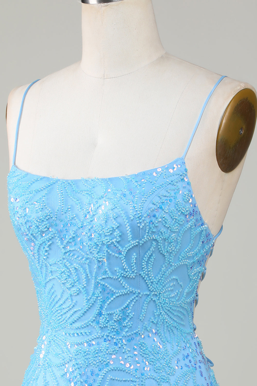 Glitzerndes blaues Spaghettiträger-Kurzes, enges Homecoming-Kleid mit Perlen