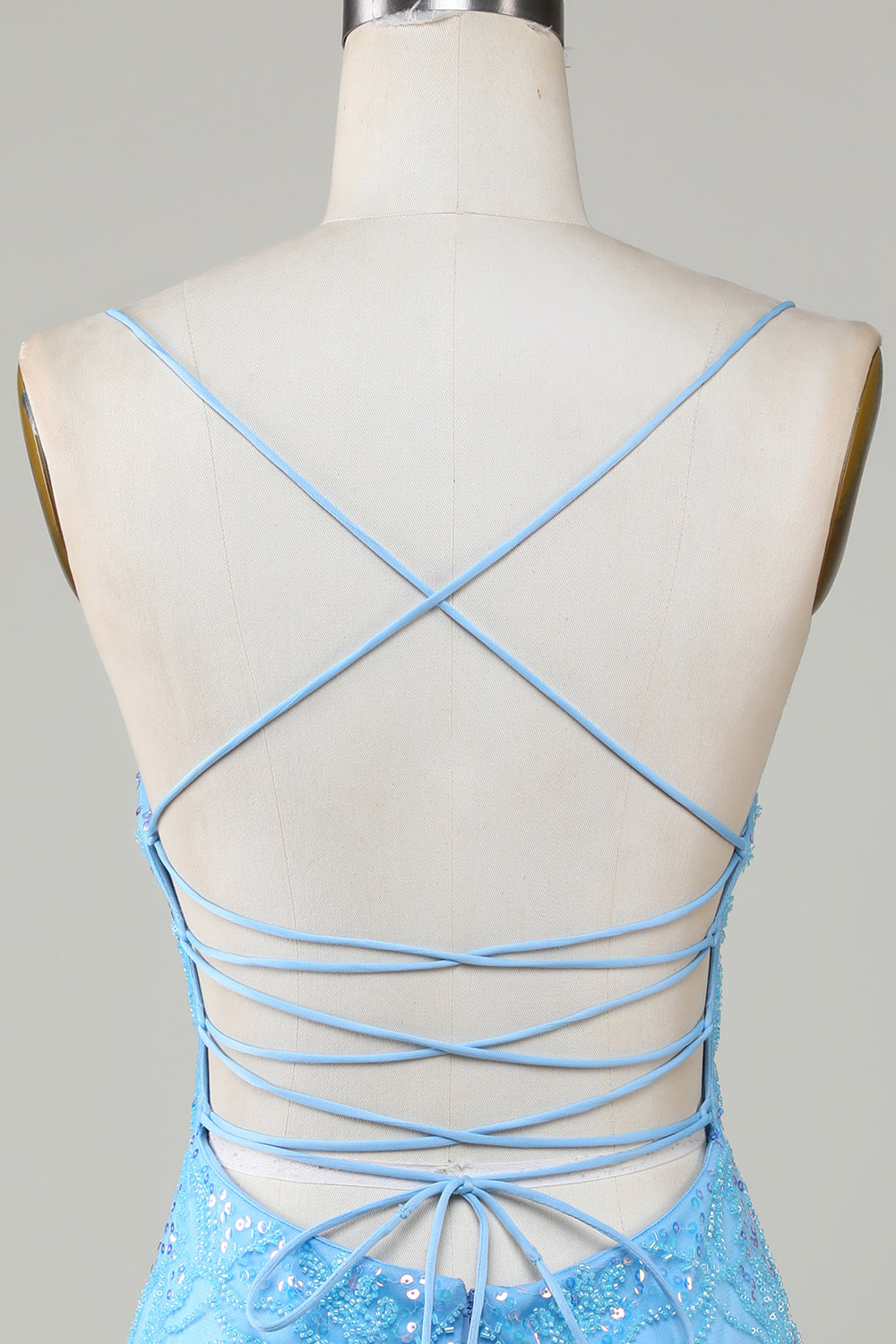 Glitzerndes blaues Spaghettiträger-Kurzes, enges Homecoming-Kleid mit Perlen