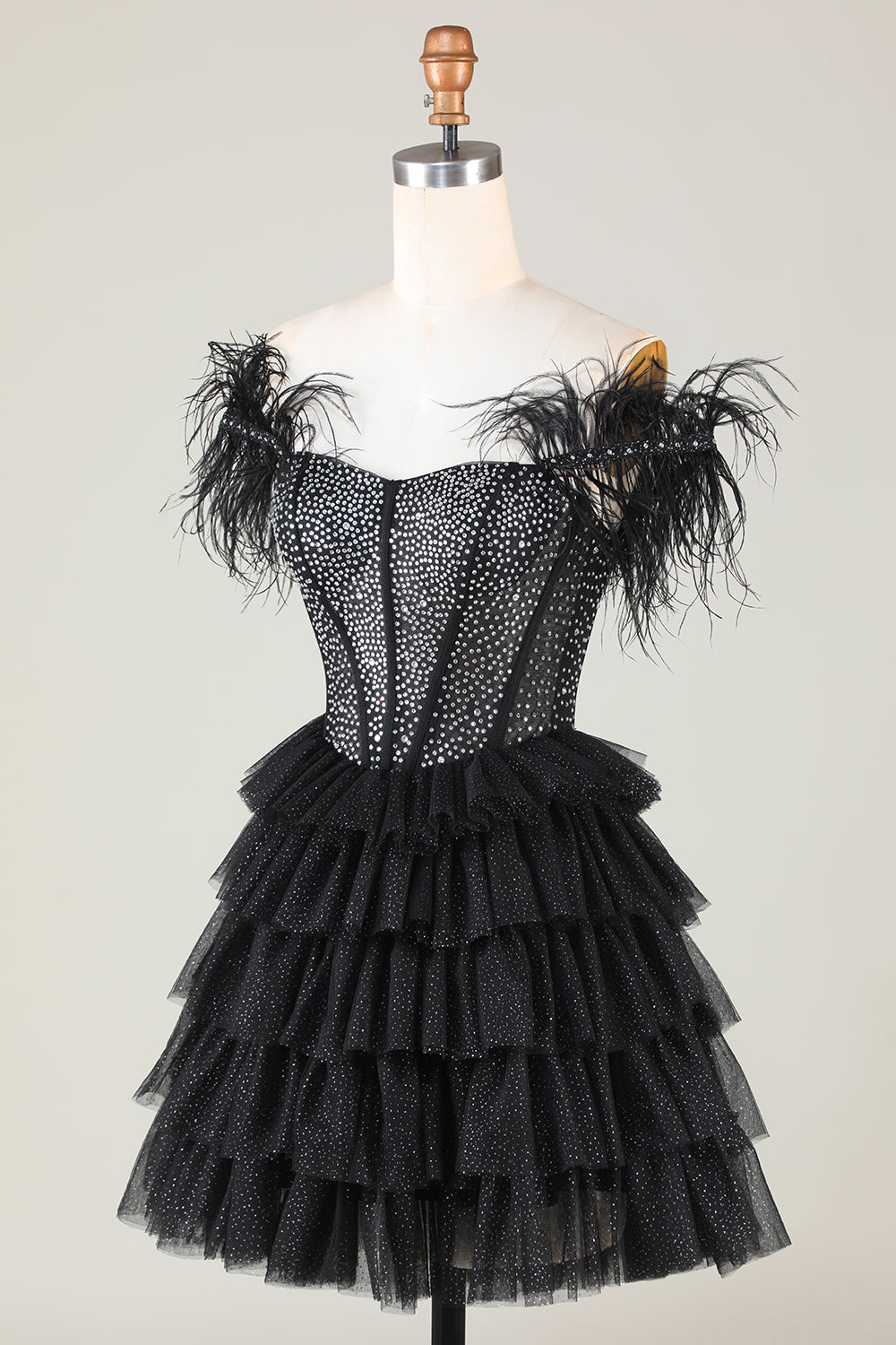 Glitzerndes schwarzes kurzes A-Linien-Homecoming-Kleid mit Perlenkorsett und Federn