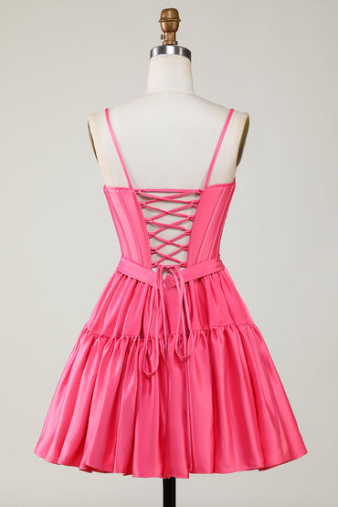 Süßes Fuchsia A-Linie Spaghettiträger Korsett Rüschen Homecoming Kleid mit Schleifen